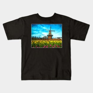 Windmill with Tulips Landscape Dutch Netherlands Scenic Print Kids T-Shirt